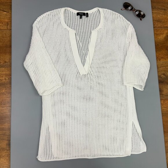Theory White Open Knit Crochet Tunic Top Cover Up Cotton Blend Sz M - Picture 12 of 16